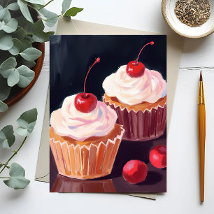 Cherry Cupcakes Celebration Watercolor Painting Postcard