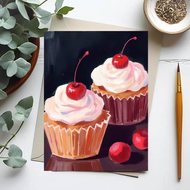 Cherry Cupcakes | Celebration Watercolor Painting Postcard (Creator Uploaded)