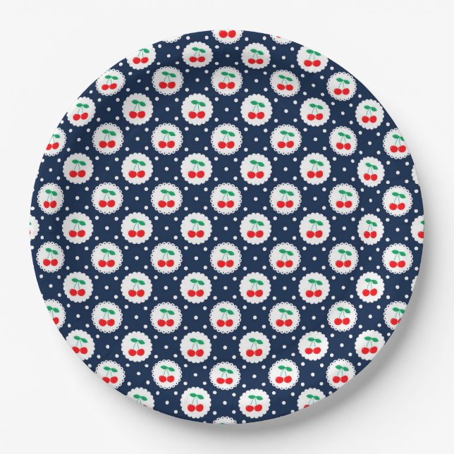 Cherry Dot Pattern – Retro Fruit Gift & Decor Paper Plate (Front)