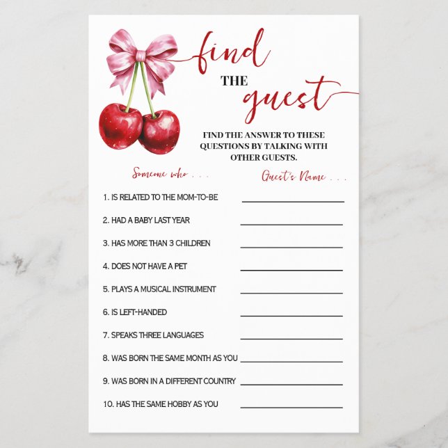 Cherry Find the Guest Baby Shower Game Card (Front)