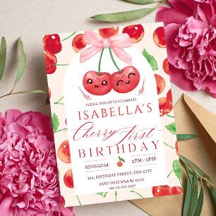 Cherry First Birthday Girl 1st Fruit Bow Birthday Invitation
