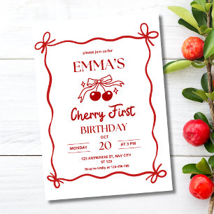 Cherry First Birthday Invitation, Red Bow Berries Invitation