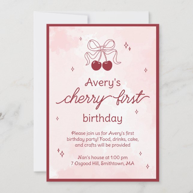 Cherry First Birthday Party Invitation (Front)