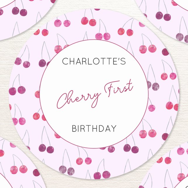 Cherry First Birthday Personalised Watercolor Classic Round Sticker (Cherries Cherry First birthday personalized stickers)