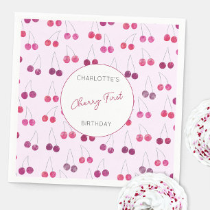 Cherry First Birthday Personalised Watercolor Pink Napkin