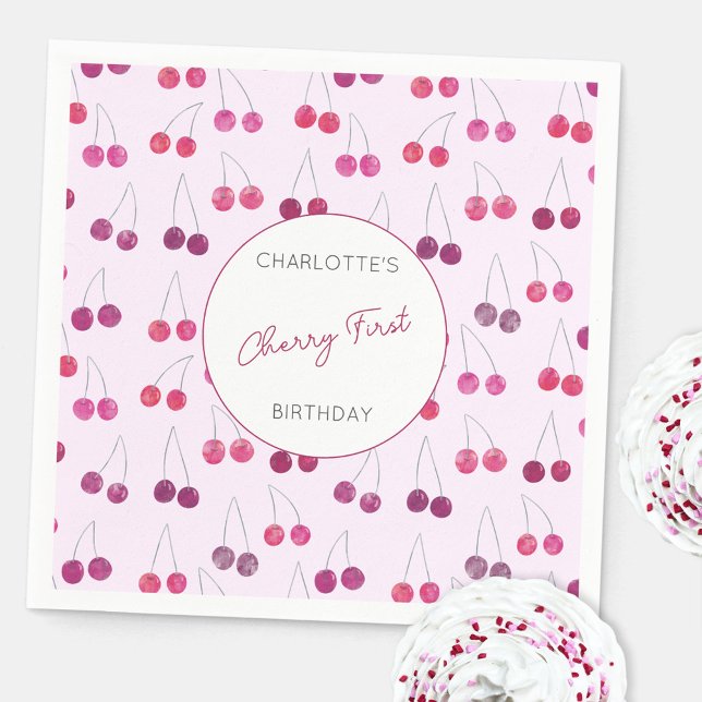 Cherry First Birthday Personalised Watercolor Pink Napkin (Modern Cherry First birthday personalized party paper napkin)