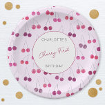 Cherry First Birthday Personalised Watercolor Pink Paper Plate<br><div class="desc">Cute and modern watercolor Cherry First birthday personalised party paper plates. Customise the text to suit your celebration. Original art by Nic Squirrell</div>