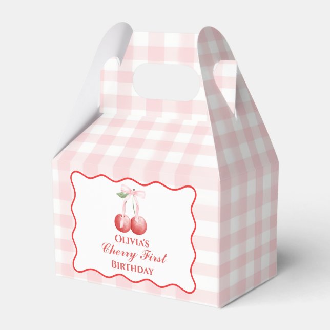 Cherry First birthday Pink Bow Gingham Favour Box (Front Side)