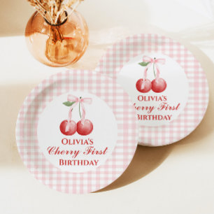 Cherry first birthday Pink Bow Gingham Paper Plate