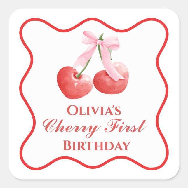 Cherry first birthday Pink Bow Gingham Square Sticker (Front)
