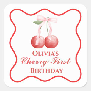 Cherry first birthday Pink Bow Gingham Square Sticker
