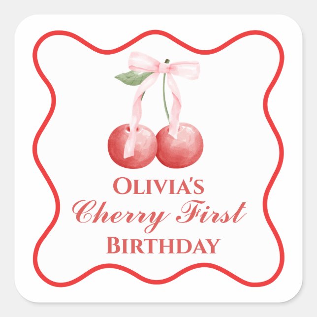 Cherry first birthday Pink Bow Gingham Square Sticker (Front)