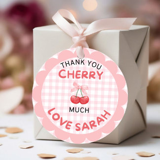 Cherry first birthday Pink Bow Gingham Sticker