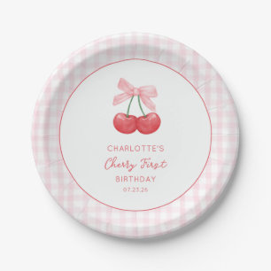 Cherry First Birthday Pink Gingham Girls One Year Paper Plate