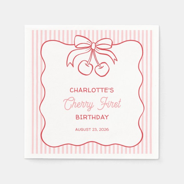 "Cherry First" Birthday Pink Stripe Bow Girly Napkin (Front)