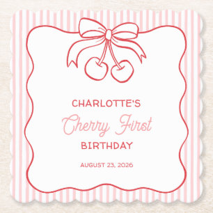 "Cherry First" Birthday Pink Stripe Bow Girly Paper Coaster