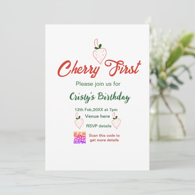 cherry first birthday red qr code bold retro green invitation (Standing Front)