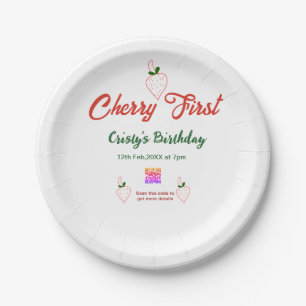 cherry first birthday red qr code bold retro green paper plate