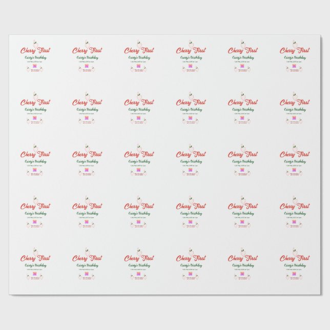 cherry first birthday red qr code bold retro green wrapping paper (Flat)