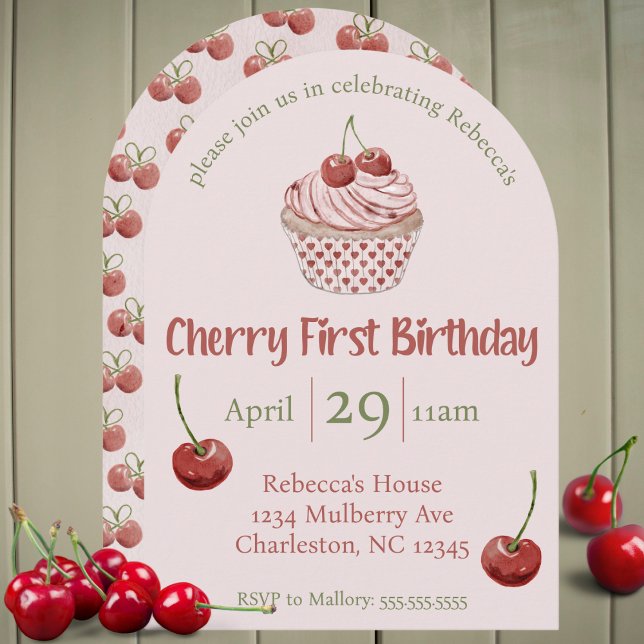 Cherry First Birthday Watercolor Coquette Cupcake Invitation (Cherry first birthday watercolor cupcake fruit cute 1st bday party invitation pink girls 1 year old)