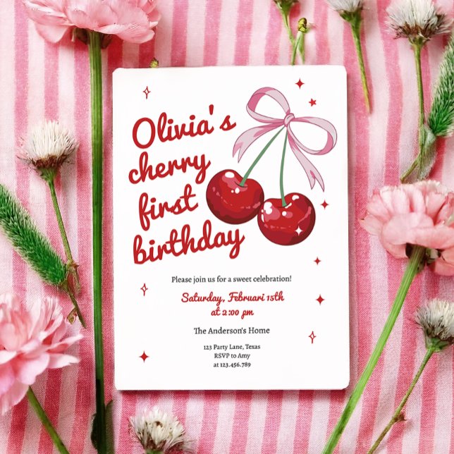 Cherry First Coquette Bow Pink Girl Birthday Invitation (Creator Uploaded)