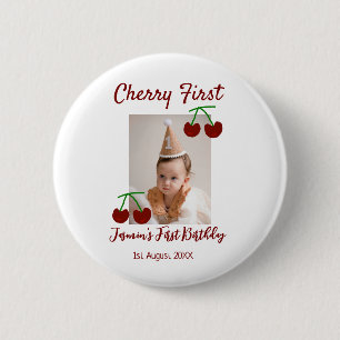 Cherry first happy birthday photo kids modern red 6 cm round badge