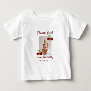 Cherry first happy birthday photo kids modern red baby T-Shirt