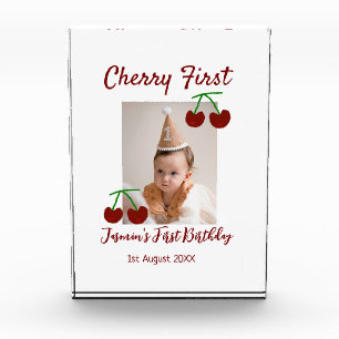 Cherry first happy birthday photo kids modern red block