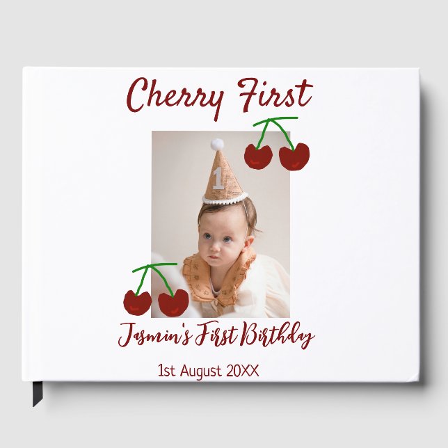 Cherry first happy birthday photo kids modern red guest book (Front)