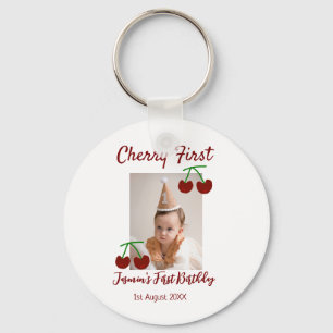 Cherry first happy birthday photo kids modern red key ring