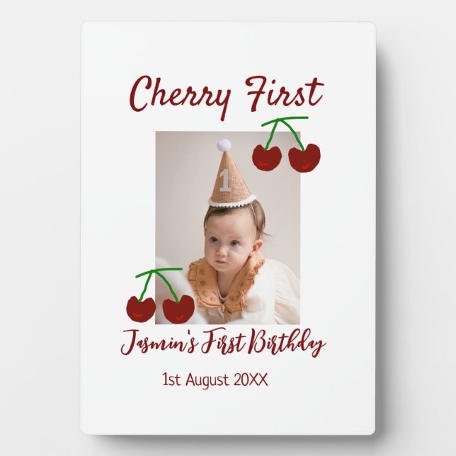Cherry first happy birthday photo kids modern red plaque (Front)