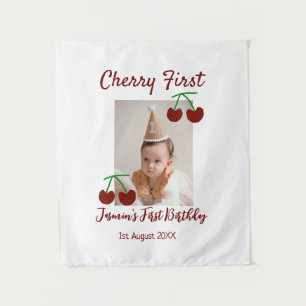 Cherry first happy birthday photo kids modern red tapestry