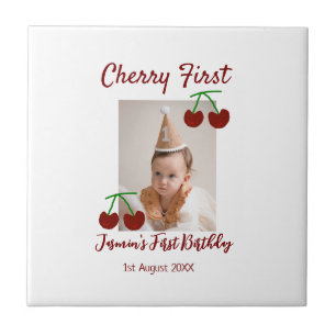 Cherry first happy birthday photo kids modern red tile