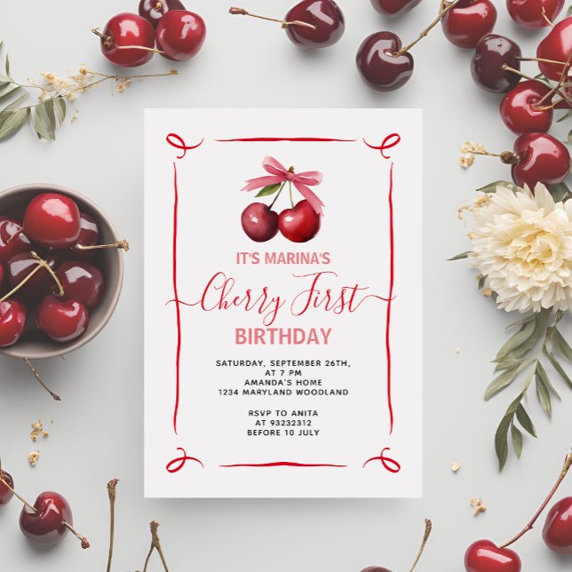 Cherry First Pink Bow Birthday Party Invitation (Creator Uploaded)