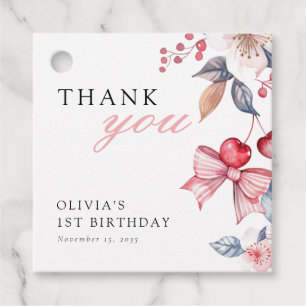 Cherry First Pink Bow Coquette 1st Birthday Favour Tags