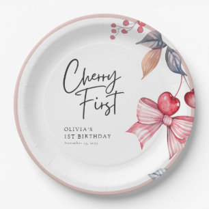 Cherry First Pink Bow Coquette 1st Birthday Paper Plate