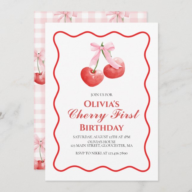 Cherry First Pink Bow preppy 1st birthday Invitation (Front/Back)