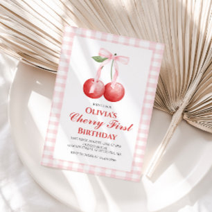 Cherry First Pink Bow preppy 1st birthday Invitation