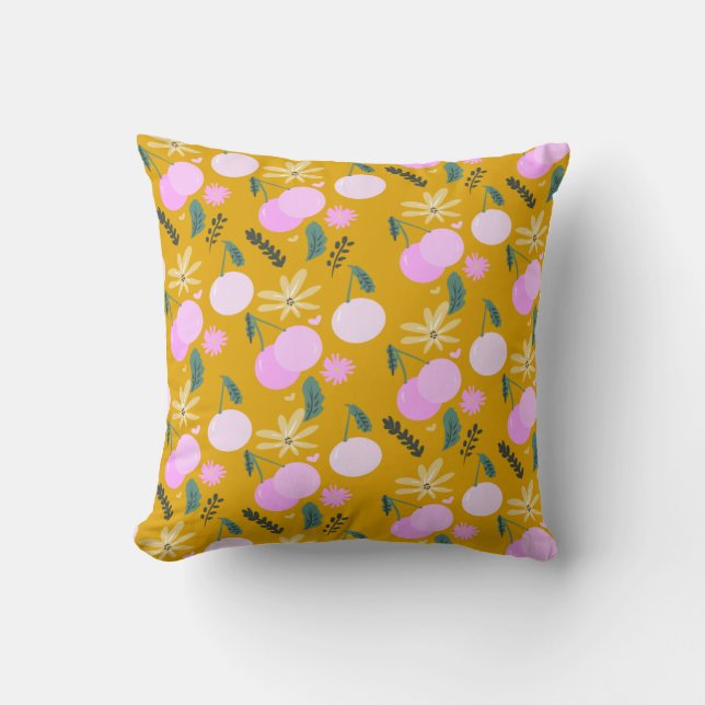 Cherry Floral Greenery Pattern Yellow Pink    Cushion (Front)