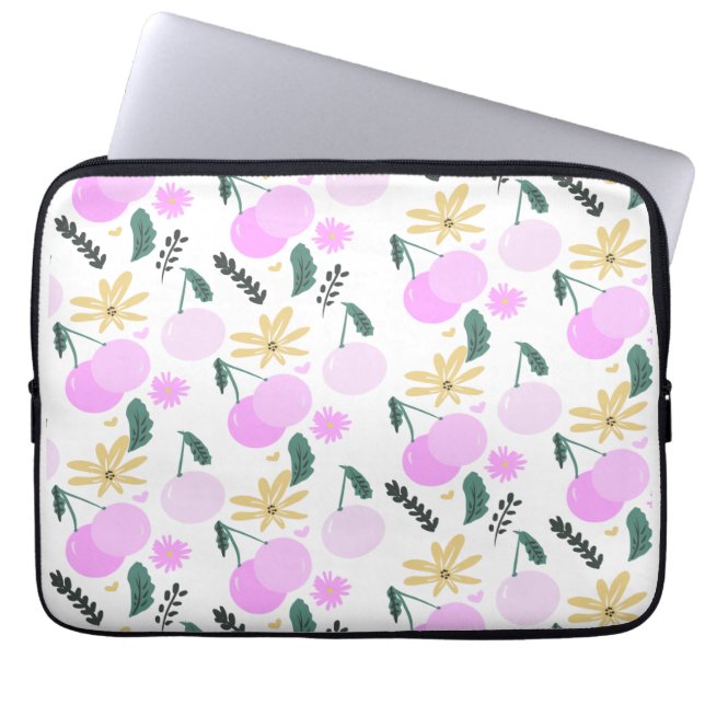Cherry Floral Greenery Yellow Pink Hearts Pattern Laptop Sleeve (Front)