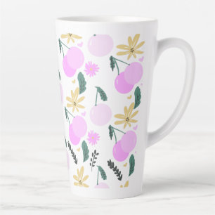 Cherry Floral Greenery Yellow Pink Hearts Pattern Latte Mug