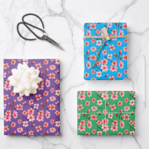 Cherry flowers Green , Blue, Purple Background. Wrapping Paper Sheet