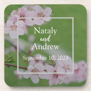Cherry flowers on green background Floral Coaster