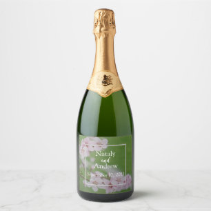 Cherry flowers on green background Floral Wedding Sparkling Wine Label