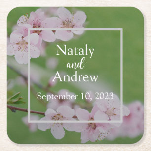 Cherry flowers on green background Floral Wedding Square Paper Coaster