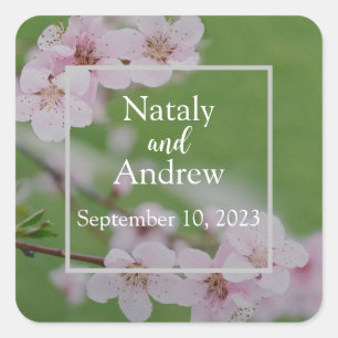 Cherry flowers on green background Floral Wedding Square Sticker