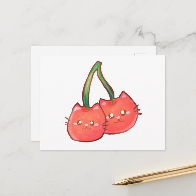 Cherry Fruit Cats Postcard (Front/Back In Situ)