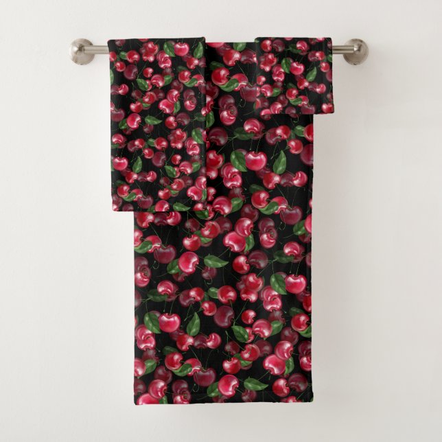 Cherry Fruit on black  Bath Towel Set (Insitu)