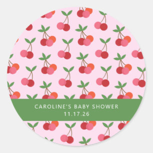Cherry Fruit Pink Green Cute Custom Baby Shower Classic Round Sticker
