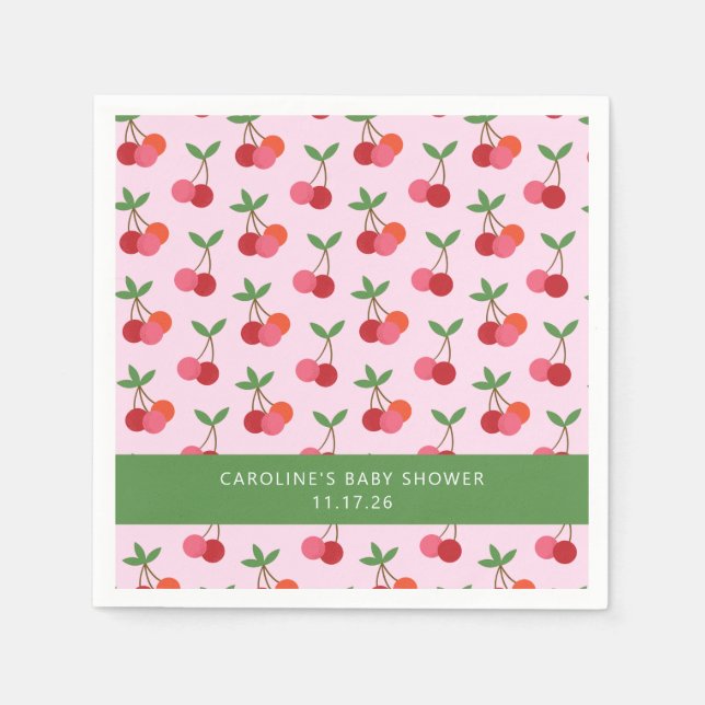Cherry Fruit Pink Green Cute Custom Baby Shower Napkin (Front)